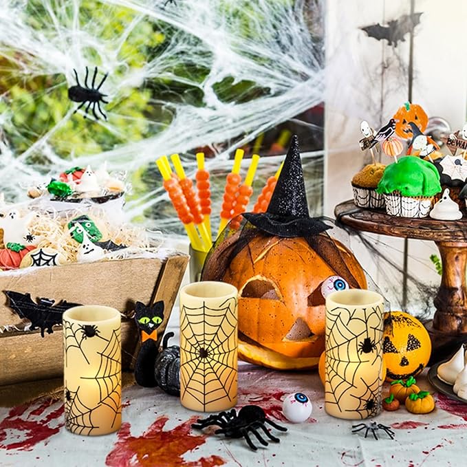Flameless Candles Battery Operated with Timer, Set of 3 Spider Cobweb Decals Yellow Light Real Wax LED Flickering Pillar Candles Dinner Tabletop Halloween Home Decoration (3" x 6")