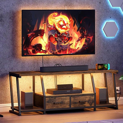 RALGEND LED TV Stand for 55 65 Inch TV, Entertainment Center with Open Shelves and Power Outlets, TV Console Table with Fabric Drawers, Media Console for Living Room, Bedroom, Rustic Brown and Black