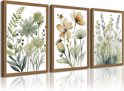Sage Green Botanical Wall Art Boho Floral Wall Decor Minimalist Plant Canvas Pictures Flower Botanical Prints Watercolor Wildflower Poster Painting for Bathroom Bedroom 16x24x3 Inch Wood Frame