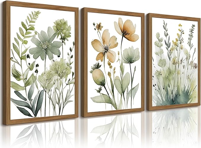 Sage Green Botanical Wall Art Boho Floral Wall Decor Minimalist Plant Canvas Pictures Flower Botanical Prints Watercolor Wildflower Poster Painting for Bathroom Bedroom 24x36x3 Inch Wood Frame