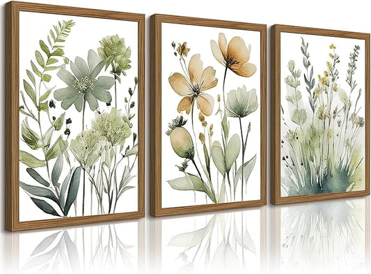Sage Green Botanical Wall Art Boho Floral Wall Decor Minimalist Plant Canvas Pictures Flower Botanical Prints Watercolor Wildflower Poster Painting for Bathroom Bedroom 12x16x3 Inch Wood Frame