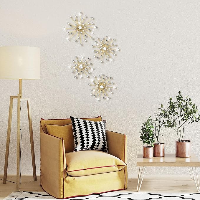 Funnymoom 4 Pcs Gold Starburst Wall Decor Metal Bling Wall Art Gold Crystal Sparkling Rhinestones Bling Decorative Hanging Diamond for Living Room Bedroom Home Office
