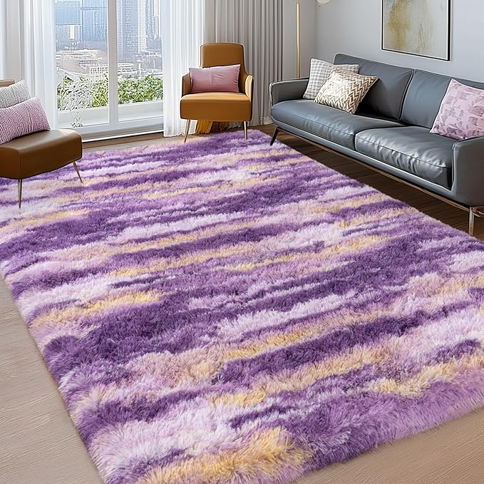 Shag Rugs for Bedroom, 4x6 Abstract Purple Soft Fuzzy Rugs for Living Room, Fluffy Shaggy Plush Carpet Girls Kids Room Dorm Upgrade Non-Slip