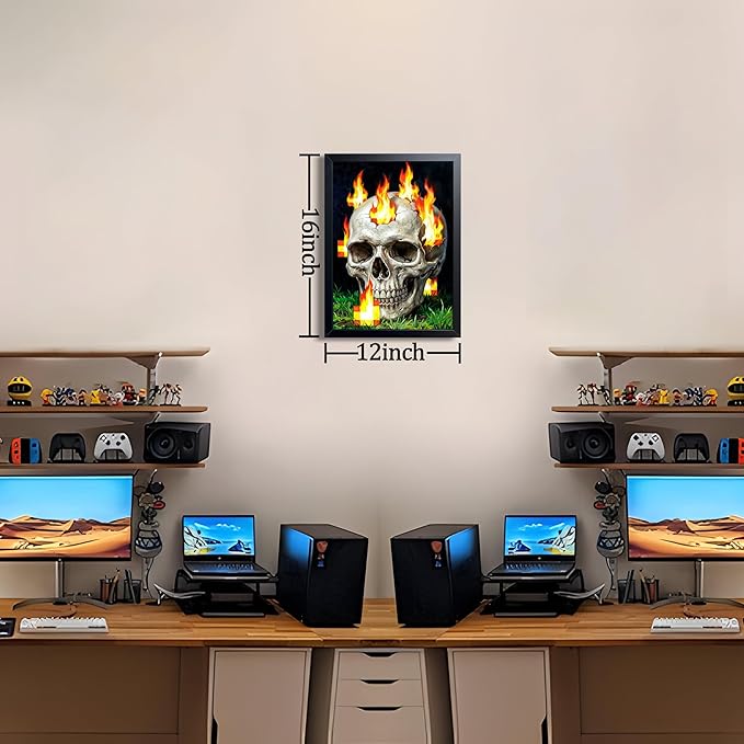 Burning Skull Wall Art, Gamer Style Wall Decor, With Pixel Fire Skull Canvas Print, Boys Room Decor, Dark Gothic Horror Painting Poster for Bedroom Game Room 12x16 Inch Wood Framed