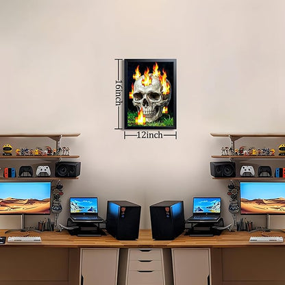Burning Skull Wall Art, Gamer Style Wall Decor, With Pixel Fire Skull Canvas Print, Boys Room Decor, Dark Gothic Horror Painting Poster for Bedroom Game Room 12x16 Inch Wood Framed