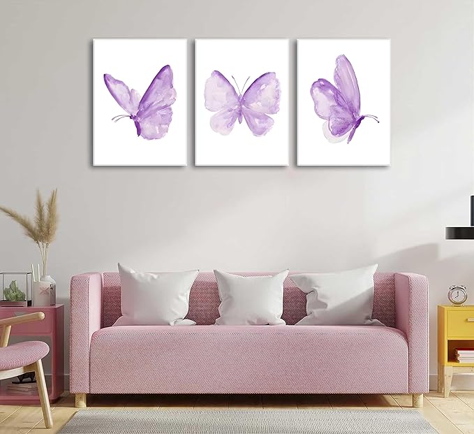 3Pcs Butterfly Canvas Wall Art Purple Butterfly Posters Pictures Minimalist Cute Animal Paintings Aesthetic Preppy Room Prints for Girls Bedroom Nursery Home Wall Decor Gift Framed