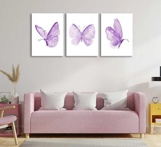3Pcs Butterfly Canvas Wall Art Purple Butterfly Posters Pictures Minimalist Cute Animal Paintings Aesthetic Preppy Room Prints for Girls Bedroom Nursery Home Wall Decor Gift Framed