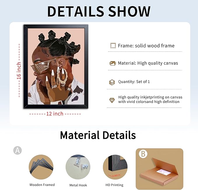 Black Girl Canvas Wall Art, African American Fashion Woman Illustration with, Black Wood Framed Vintage Wall Decor, Girls Room Poster Print for Bedroom Living Room Office 12x16 Inch