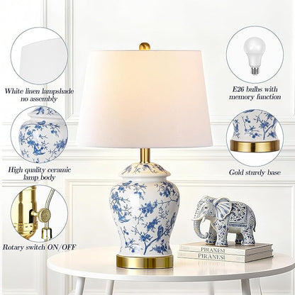 QiMH Chinoiserie Ceramic Table Lamps Set of 2 for Living Room, Vintage Traditional Bedside Lamps for Night Stands, 22" Large Blue and White Table Lamp for Bedroom Cottage, Gold(LED Bulbs Included)