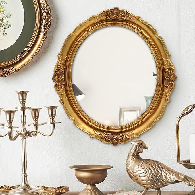 Funerom 12.8 x 14.3 inch Vintage Decorative Wall Mirror, Hanging Mirrors for Bedroom Living-Room Dresser Decor, Oval Gold