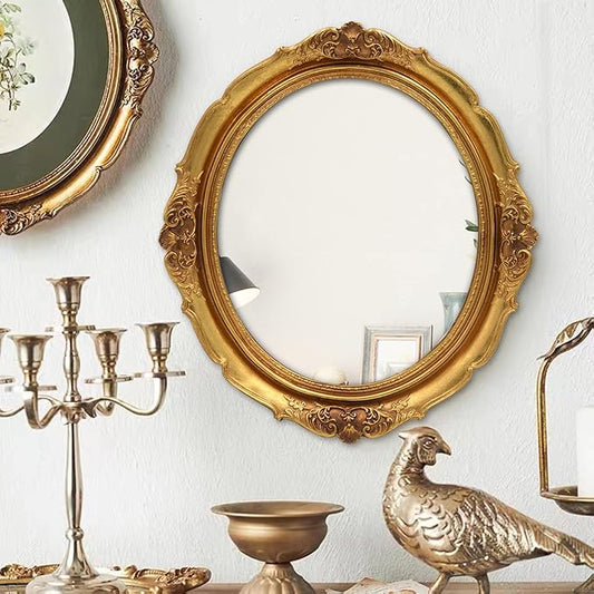 Funerom 12.8 x 14.3 inch Vintage Decorative Wall Mirror, Hanging Mirrors for Bedroom Living-Room Dresser Decor, Oval Gold