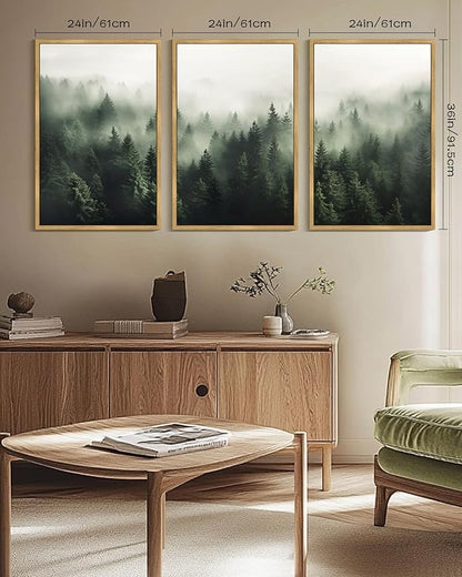 PHOPAGO Green Fog Pine Tree Framed Wall Art Huge 24x36in Nature Misty Nordic Forests Artwork Morden Paints for Living Room Bedroom Decor - Natural Framed