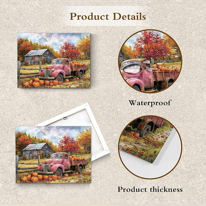 LB Fall Pumpkin Truck Wall Art Vintage Red Truck with Autumn Pumpkins in Farm Canvas Wall Art Farmhouse Harvest Wall Art Decor for Living Room Bedroom Bathroom Office Framed Ready to Hang 12L x 16W