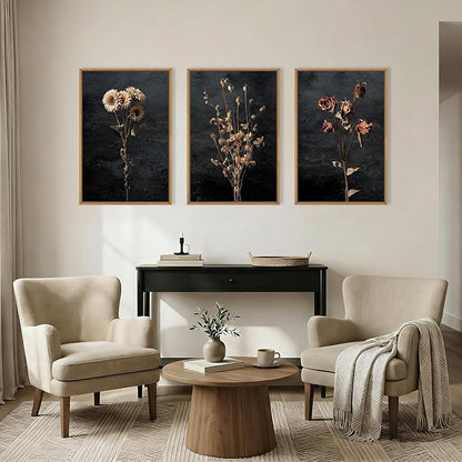 Aryroi Large Moody Dark Floral Framed Canvas Wall Art Set,Vintage Mid Century Dried Flower Wall Decor,Modern Boho Wildflower Botanical Artwork for Living Room,Bedroom,Farmhouse-16 x24 x3