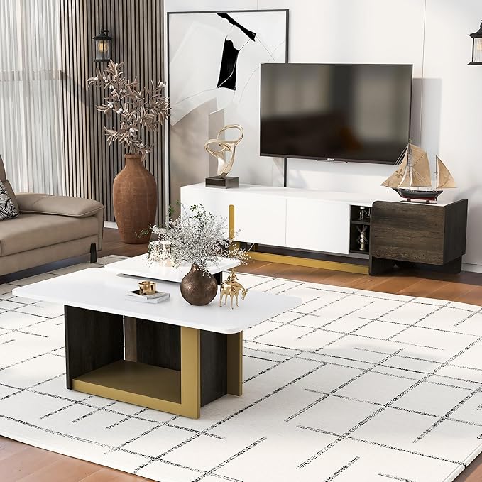 Modern Light Luxury TV Stand and Coffee Table Set of 2, Modern TV Console,Wood Center Tables with Spacious Top, Storage Cabinet & Open Adjustable Shelves for Living Room, White