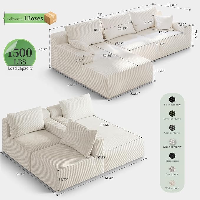 Homkdom L-Shaped Cloud Boneless Couch with Deep Seat, Modular Sectional Sofa with Oversized Chaise, 6 Layouts Combination for Living Room, Apartment, No Assembly (White, Left Chaise)