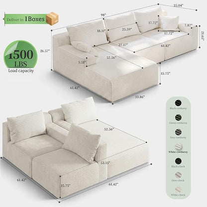 Homkdom L-Shaped Cloud Boneless Couch with Deep Seat, Modular Sectional Sofa with Oversized Chaise, 6 Layouts Combination for Living Room, Apartment, No Assembly (White, Left Chaise)
