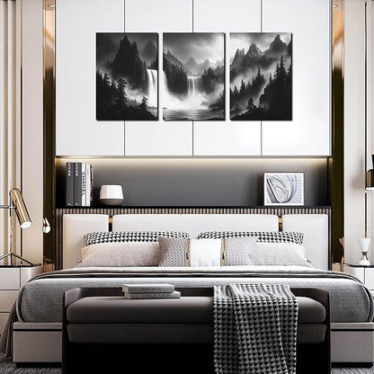 Waterfall Pictures Wall Art for Office - Black and White Canvas Wall Art for Living Room - 3 Piece Mountains Wall Art for Bedroom 16" x 24"