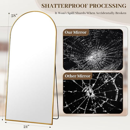 Suidia 58"x21" Arched Full Length Mirror with Stand, Full Body Mirror with Aluminum Frame, Freestanding/Leaning/Wall-Mounted, Floor Mirrors for Bedroom, Living Room, Entryway, Dressing Room, Gold