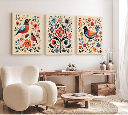 Scandinavian Folk Wall Art Nodic Flower Canvas Wall Decor Norwegian Wall Art Poster Swedish Antique Wall Decor Pictures Floral Bird Prints Vintage Poster for Home Kitchen 12x16x3 Inch Ready to Hang