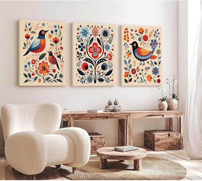 Scandinavian Folk Wall Art Nodic Flower Canvas Wall Decor Norwegian Wall Art Poster Swedish Antique Wall Decor Pictures Floral Bird Prints Vintage Poster for Home Kitchen 16x24x3 Inch Ready to Hang