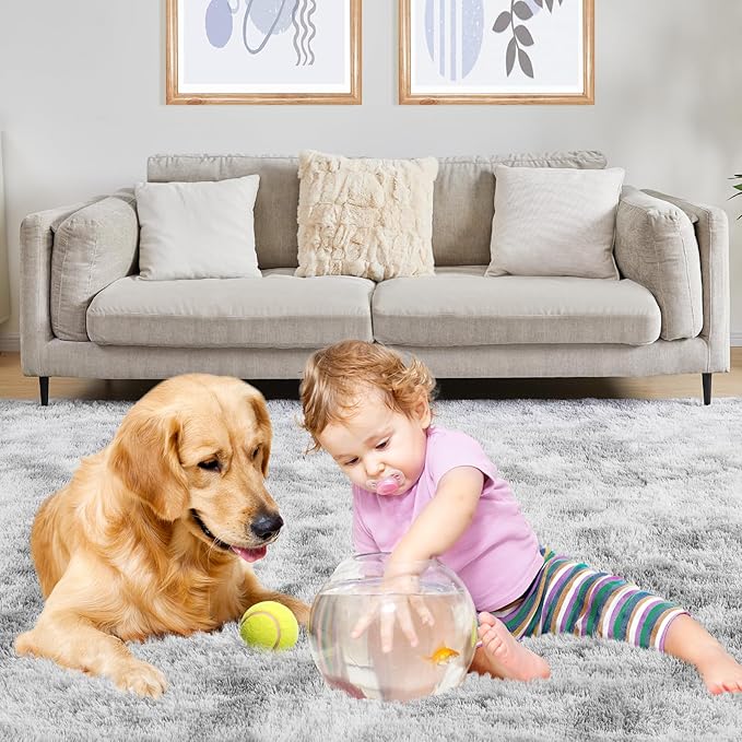 Puremy 8x10 Area Rugs for Living Room, Ultra Soft Fluffy Rugs for Bedroom, Anti-Skid High Pile Indoor Carpet for Nursery, Study Room, Playroom, Home Decoration, Tie-Dyed Light Grey