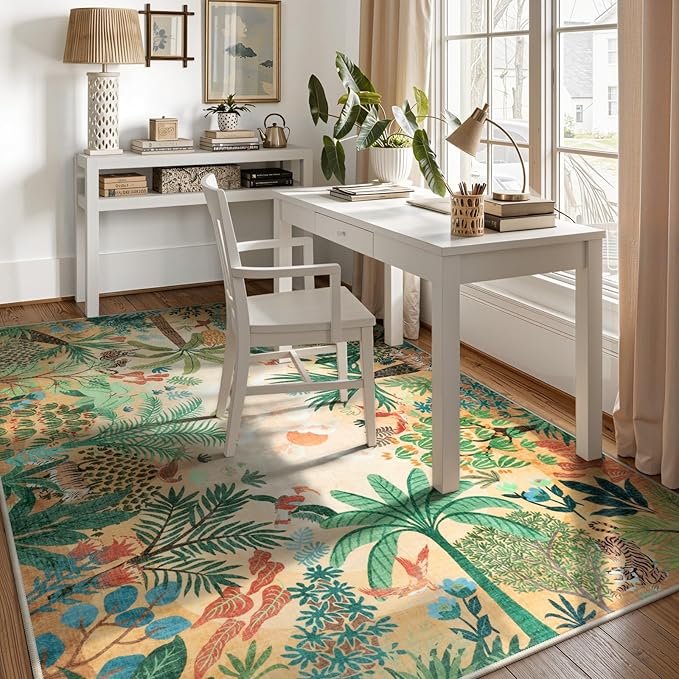 LIVEBOX Washable Jungle Animal Print 6 x 9 Area Rug for Dining Room, Non-Skid Yellow Kids Carpet Playmat Rug for Play Room, Soft Nursery Rugs for Girl Dorm, Kids Rugs for Bedroom Boys