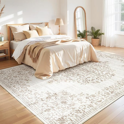 Area Rug 9x12 Vintage Rug: Large Washable Indoor Medallion Rugs Low Pile Distressed Floor Carpet Retro Accent Rug for Living Room Bedroom Kitchen Dining Table Home Office(Vintage Beige, 9'x12')
