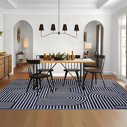 ROYHOME Washable Rug 8x10 Area Rugs for Living Room, Abstract Rug for Bedroom, Soft Rainbow Non Slip Throw Rugs with Rubber Back, Low Pile Stain Resistant Boho Geometric Carpet for Dining Room, Blue