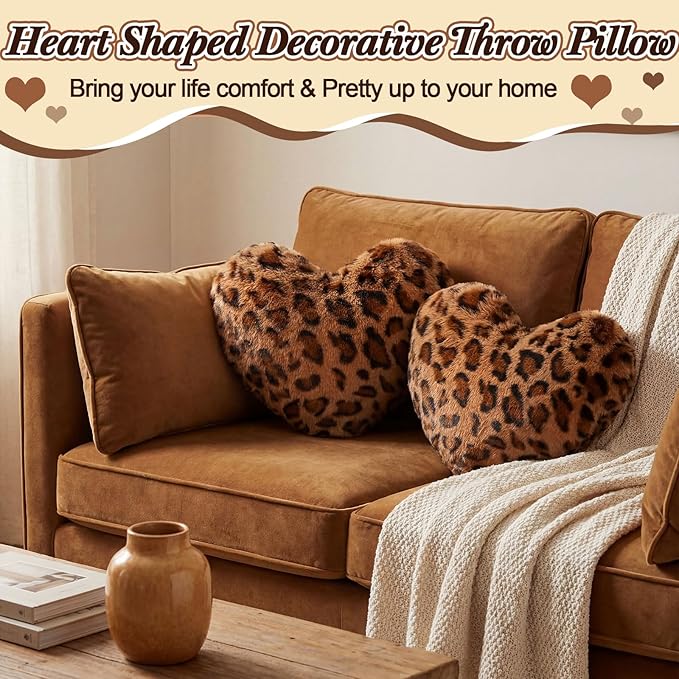 2 Pack Leopard Heart Shaped Pillow Small Cheetah Print Love Pillows 13 x 10 Inch Faux Rabbit Fur Pillows Leopard Throw Heart Pillow for Wedding, Anniversary, Vintage Room Decorative