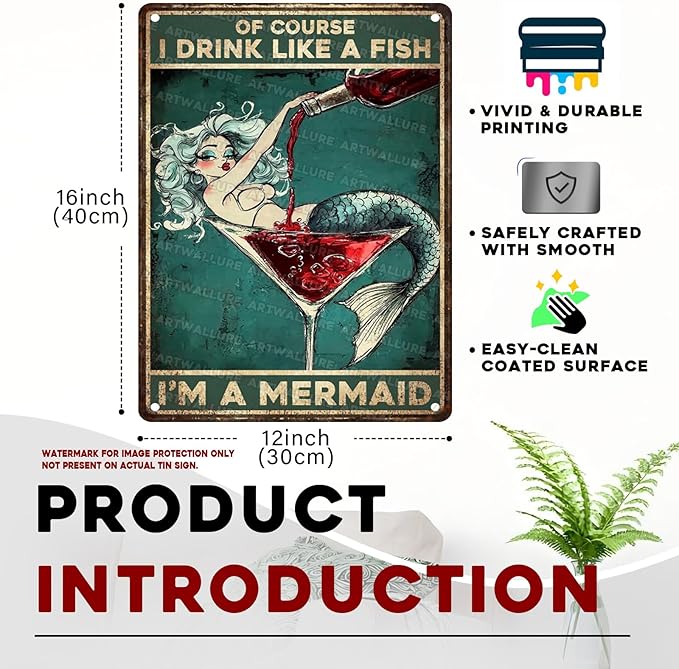 Mermaid Decor Tin Sign Of Course I Drink Like A Fish Im A Mermaid Metal Wall Art for Shower & Beach House 12x16 Inch