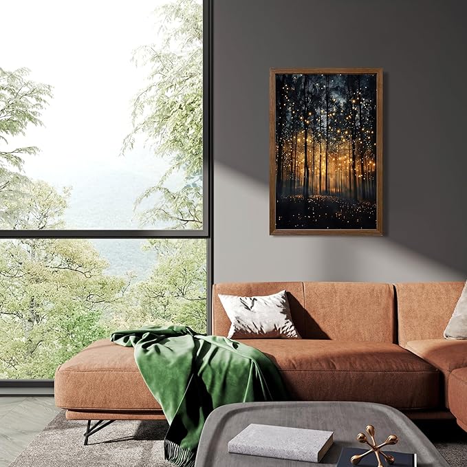 JLTULT Framed Enchanted Forest Firefly Canvas Wall Art, Dark Twilight Landscape Wall Decor, Rustic Botanical Nature Tree Art Prints for Bedroom Living Room Office Decoration 20x30 inch Easy to Hang