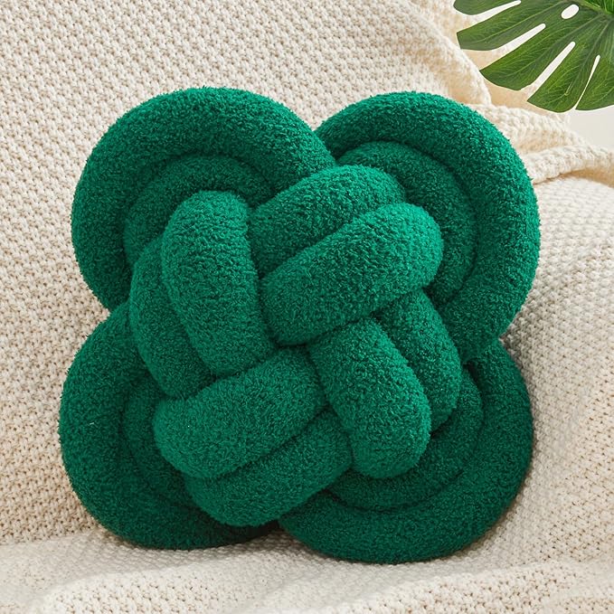 Knot Pillow, 12" Soft Decorative Throw Pillows for Couch Bed, Gray Pink Knotted Plush Throw Pillow Handmade Square Cushion Home Decor Pillows (Dark Green, 12 Inches X12 Inches)