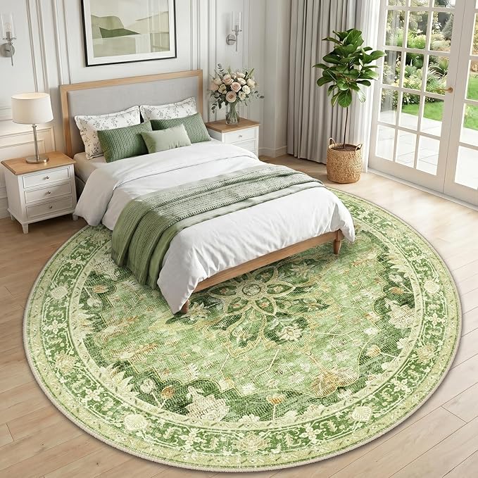 RELEANY Area Rugs Round 10ft Washable Non-Slip, Floral Vintage Distress Print Pattern Medallion Carpet for Living Room Bedroom Dining Room, Sage Green Yellow