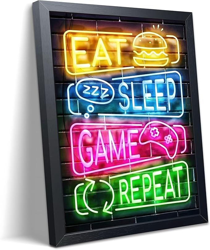 Eat Sleep Game Repeat Neon Wall Art, Framed Canvas Print Painting, Colorful Gamer LED Style Poster with Controller Burger Design, Cool Gaming Room Wall Decor for Boys Teens Bedroom Playroom 8x10 Inch