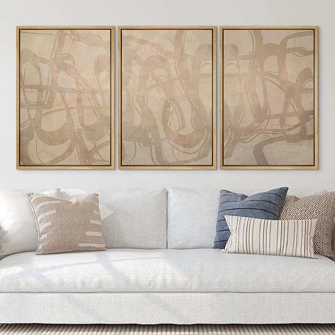 SIGNLEADER Framed Canvas Print Wall Art Set Beige Modern Abstract Line Art Illustrations Minimal Decorative Bohemian for Living Room, Bedroom, Office - 24"x36"x3 Natural