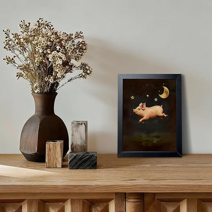Funny Pig Canvas Wall Art, Vintage Fantasy Pig Under Moon and Stars Print Poster, Whimsical Animal Wall Decor Painting for Bedroom Living Room Bathroom Kids Room Decor 8x10 Inch Framed