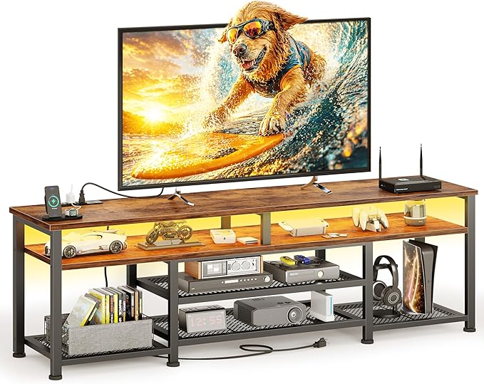 Korfile TV Stand for 65/75/80 inch TV, 71 in Entertainment Center with LED Lights and Power Outlets, TV Console Table with Open Shelves for Living Room and Bedroom, Rustic Brown