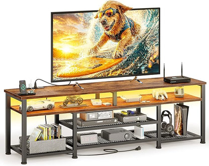 Korfile TV Stand for 65/75/80 inch TV, 71 in Entertainment Center with LED Lights and Power Outlets, TV Console Table with Open Shelves for Living Room and Bedroom, Rustic Brown