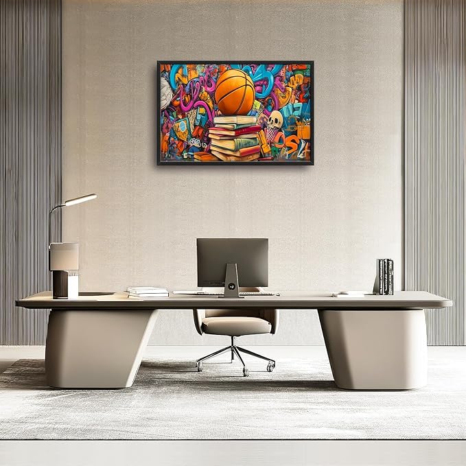Banksy Basketball Book Large Wall Art for Living Room Abstract Graffiti Sports Framed Canvas Decor Street Prints Painting Pictures Extra Large Artwork for Gym Bedroom Home Office Classroom 24"x36"
