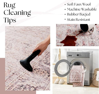 Large Living Room Rug 8x10 Machine Washable Pink Carpet for Bedroom Boho Vintage Area Rug Pink Floral Floor Covering Non Slip,Blush and Grey