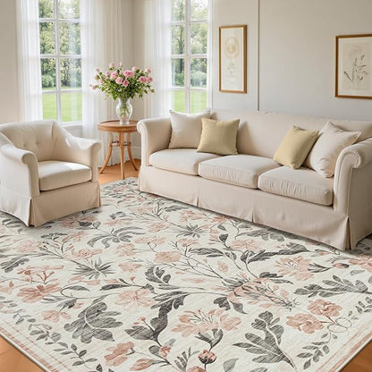 Area Rugs 9x12 Living Room: Lagre Boho Living Room Rug Soft Non-Slip Thin Carpet Indoor Floor Non-Shedding Neutral Floral Carpets for Bedroom Dining Room Farmhouse Nursery Pink