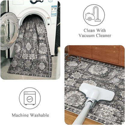 RUGSURE Washable Area Rugs - Perfect for Living Room, Bedroom, Kids Room, Nursery - Stain & Water Resistant Non-Slip, Pet & Child Friendly, Vintage Tribal Area Rugs (Grey, 3' x 5 ')