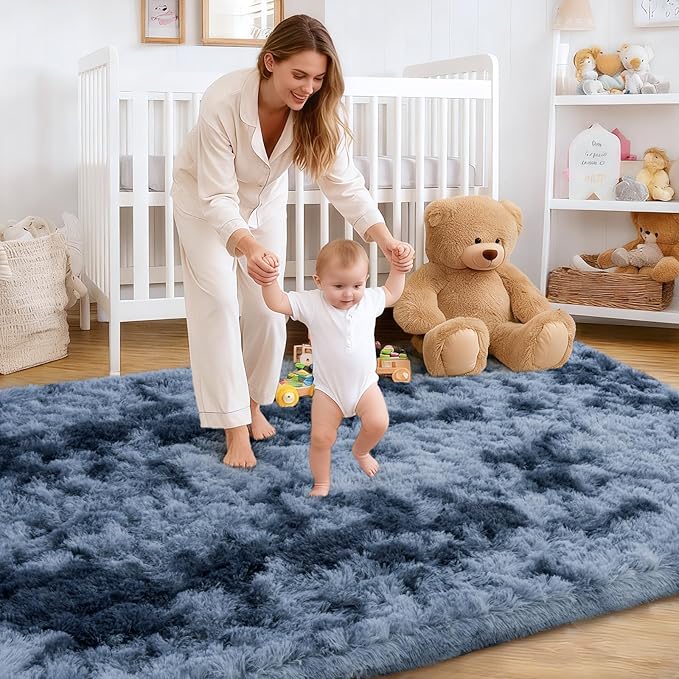 Rug for Living Room Bedroom, 5x7 Area Rugs for Living Room, Ultra Soft Modern Shaggy Carpets Fuzzy Rug for Boys Girls Dorm Nursery Home Decor Aesthetic, Upgrade Non-Slip Durable, Tie-Dyed Blue Grey