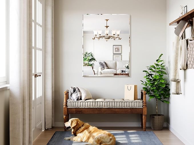 Frameless Bathroom Mirror for Wall, 36"x48" Beveled Bathroom Vanity Mirror, Wall Mount Mirrors for Bedroom Entryway Living Room Hangs Horizontally or Vertically