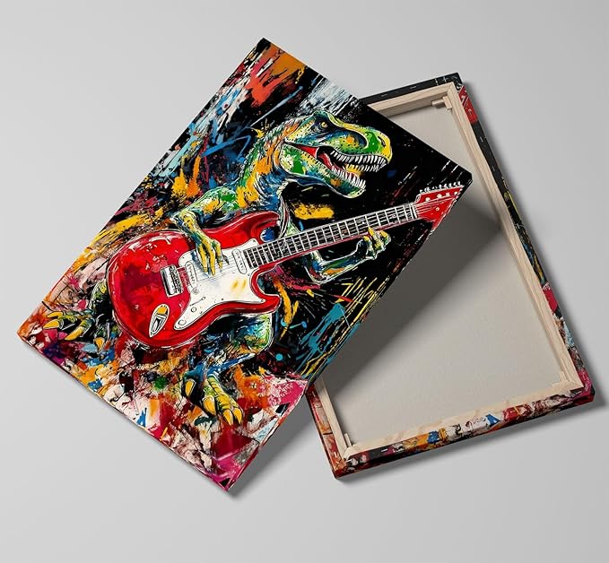 12x16 Graffiti Rock Music T-Rex Wall Art Modern Abstract Dinosaur Canvas Print Colorful Child Funny Pop Home Decor Bedroom Colorful Kids Wall Posters for Boys Room Bathroom Picture Men Office Room Painting