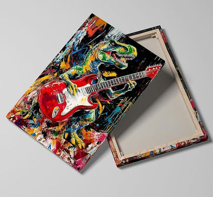 12x16 Graffiti Rock Music T-Rex Wall Art Modern Abstract Dinosaur Canvas Print Colorful Child Funny Pop Home Decor Bedroom Colorful Kids Wall Posters for Boys Room Bathroom Picture Men Office Room Painting