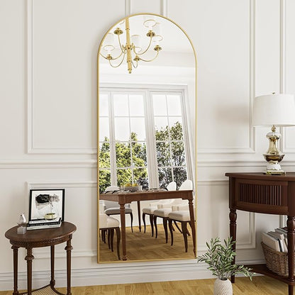 Rowjut Full Length Mirror Arched Floor Length Mirrors, 71"x26" Large Full Body & with Stand&Arch Wall Mounted &Standing Mirror for Bedroom Living Room, Aluminum Frame, Gold