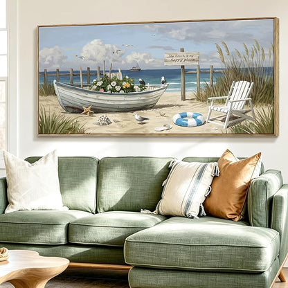 Large Framed Modern Nature Wall Art, Canvas Beach Coastal Landscape Print, Blue Ocean Seaside Decor Painting For Living Room Bedroom Office Dining Room Hallway, Ready To Hang 58X29 Inch