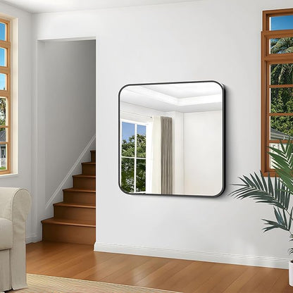 Black Bathroom Mirror, 38x40 inch Aluminum Metal Frame Rectangular Vanity Mirror, Large Wall Mounted Rectangle Mirrors with Rounded Corner for Over Sink Bedroom Living Room Horizontal/Vertical
